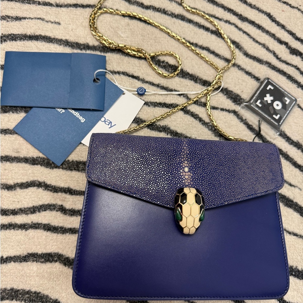 Bulgari blue Leather & Stingray Serpent Crossbody Bag with Gold Chain